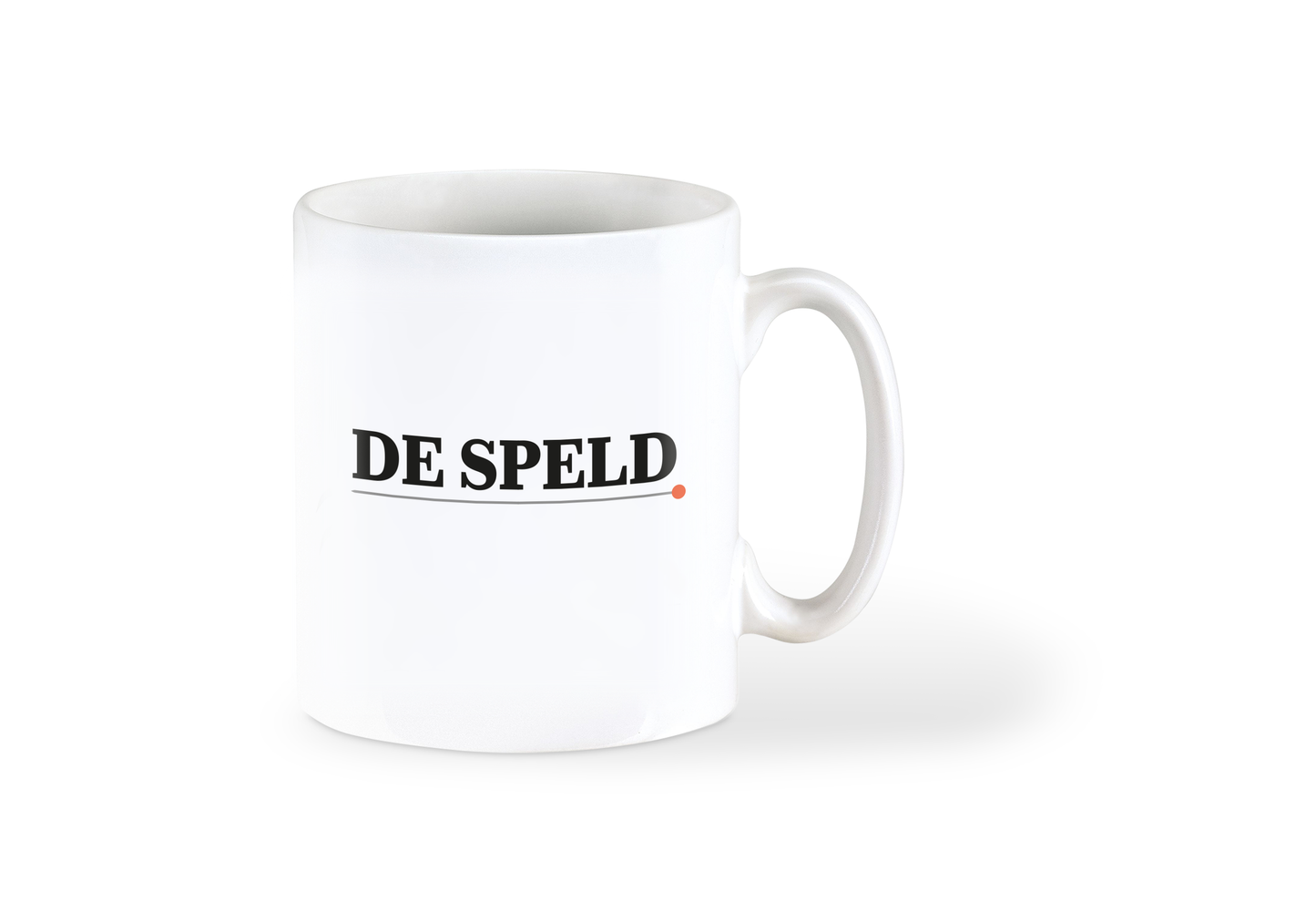 Achterkant: witte mok met De Speld-Logo