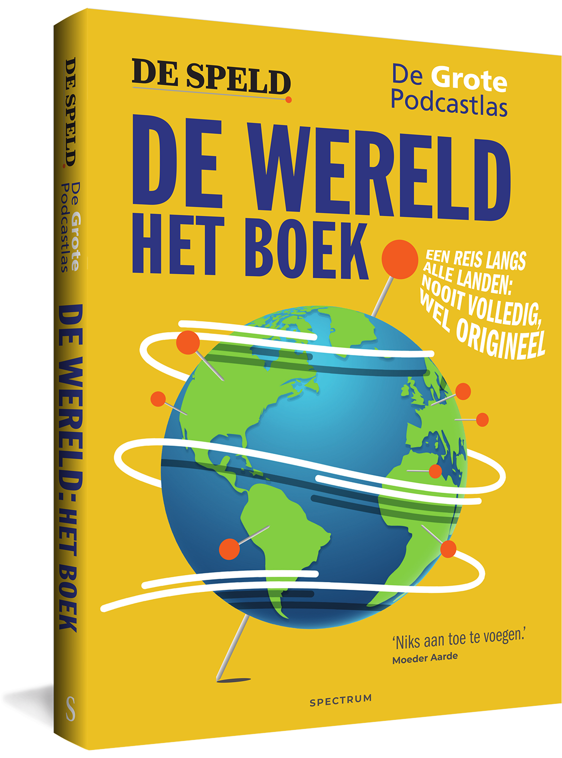 De Wereld: Het Boek cover met Wereldbol met een speld erdoorheen