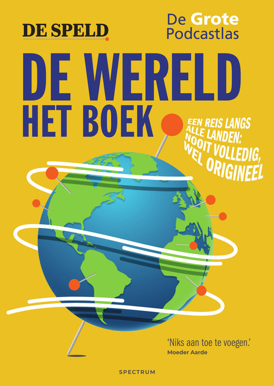 De Wereld: Het Boek cover ingezoomd met Wereldbol met een speld erdoorheen