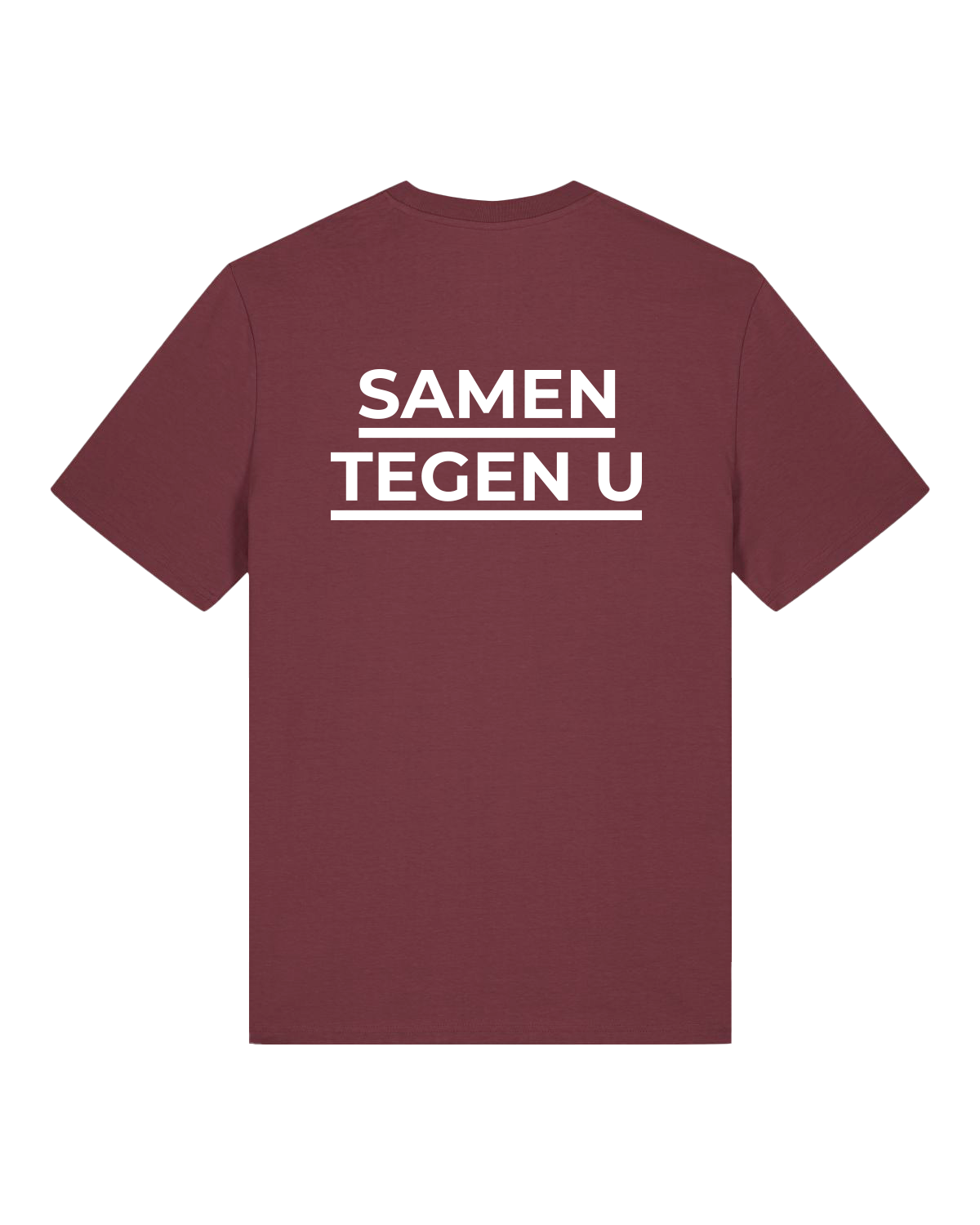 Achterkant: Bordeaux T-shirt met Witte tekst: Samen tegen U