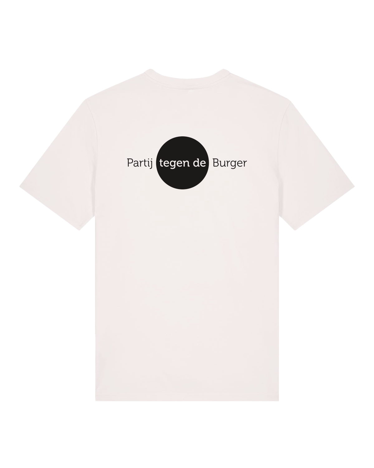 Achterkant: Wit T-shirt met zwarte tekst: logo PtdB