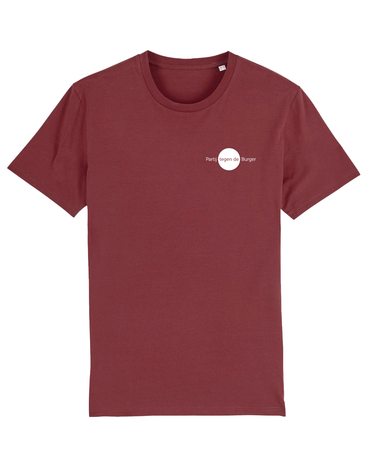 Voorkant: Bordeaux T-shirt met witte tekst: Logo PtdB