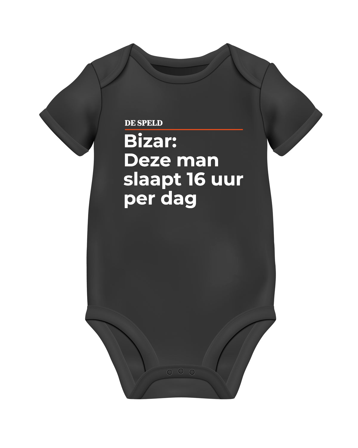 Romper 'Bizar: Deze man slaapt 16 uur per dag' (zwart en wit) | De Speld