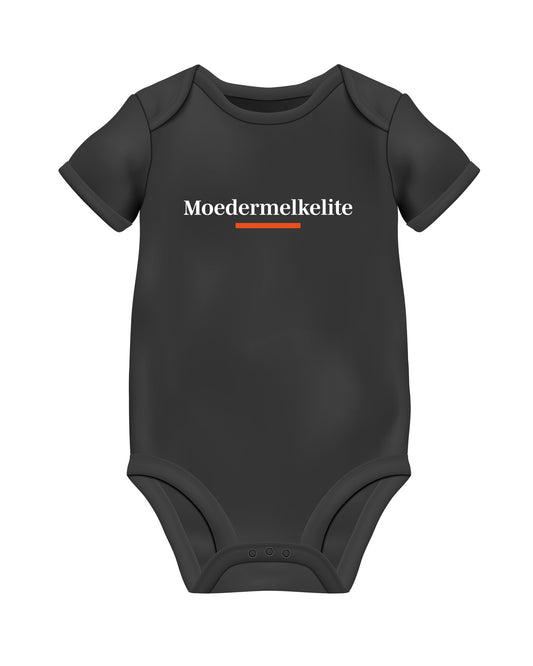 Zwarte romper met tekst in het wit (en oranje streep) 'Moedermelkelite'