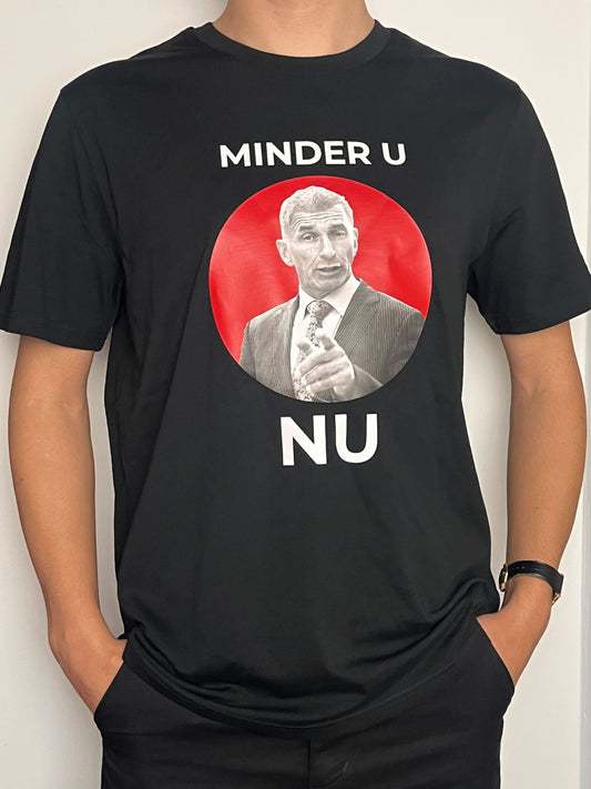 Shirt 'Minder U, Nu' | De Speld (Bio-katoen, zwart, m/v)