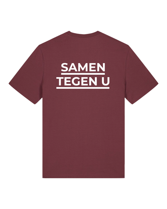 Achterkant: Bordeaux T-shirt met Witte tekst: Samen tegen U