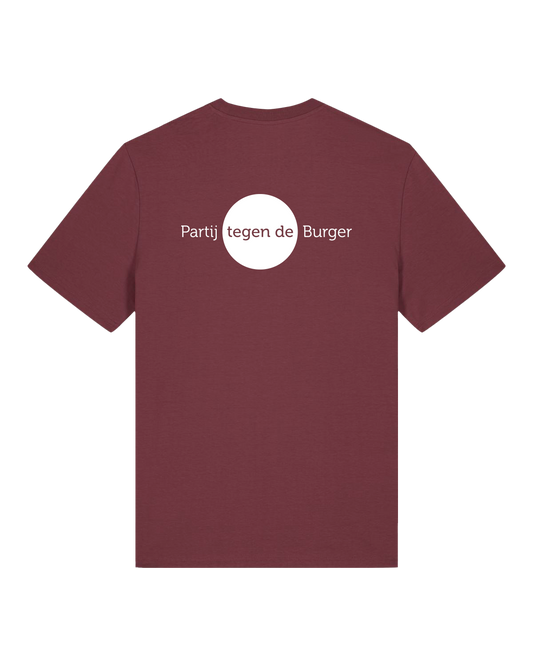 Achterkant: Bordeaux T-shirt met witte tekst: logo PtdB