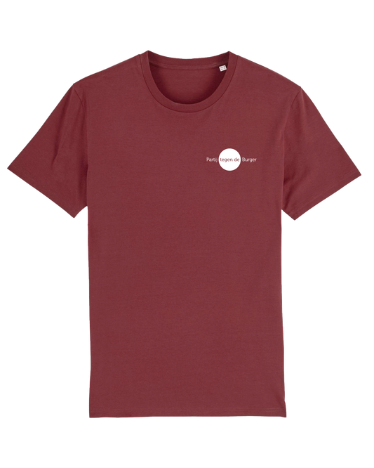 Voorkant: Bordeaux T-shirt met witte tekst: Logo PtdB