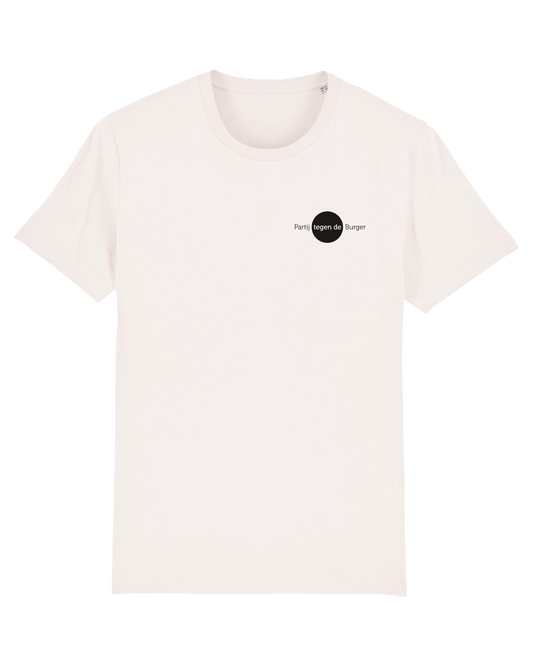 Voorkant: Wit T-shirt met zwarte tekst: logo PtdB