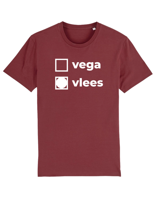 Voorkant: bordeaux T-shirt met witte tekst: checkmarks 'vega/vlees (vlees aangekruist)