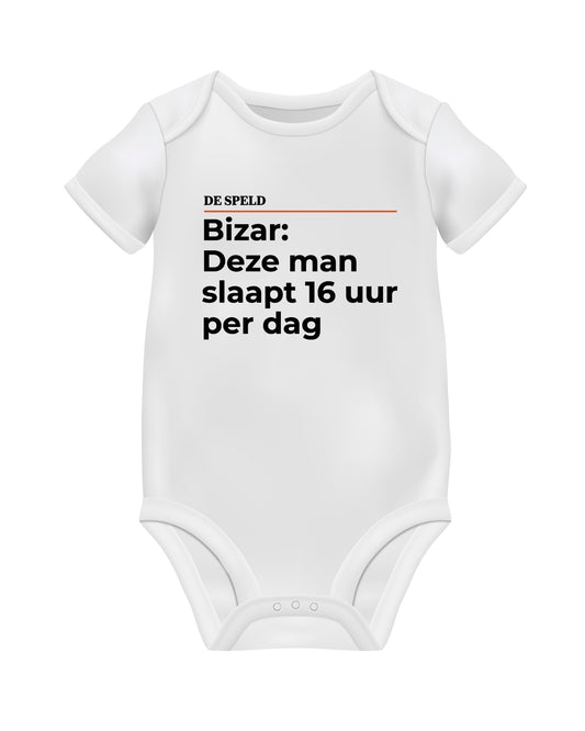 Romper 'Bizar: Deze man slaapt 16 uur per dag' (zwart en wit) | De Speld