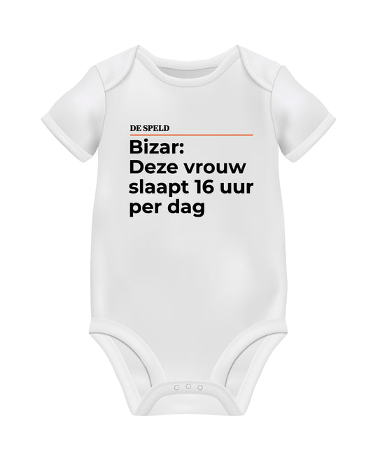 Romper 'Bizar: Deze vrouw slaapt 16 uur per dag' (zwart en wit) | De Speld