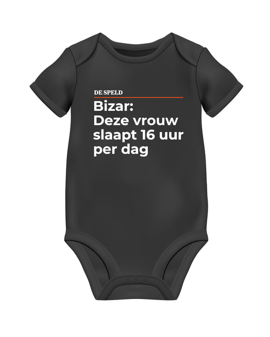 Romper 'Bizar: Deze vrouw slaapt 16 uur per dag' (zwart en wit) | De Speld