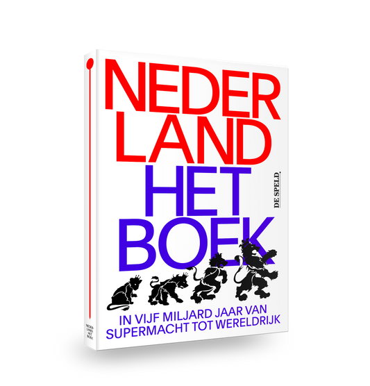 Nederland Het Boek - Cover (met een leeuwenwelp die uitgroeit tot Nederlandse leeuw)